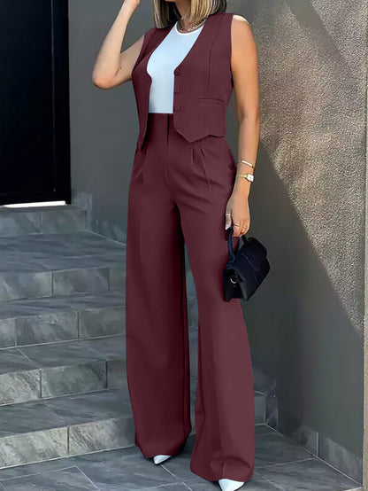 Women’s Tailored Two Piece Suit Set with Sleeveless Vest and Wide-Leg Trousers