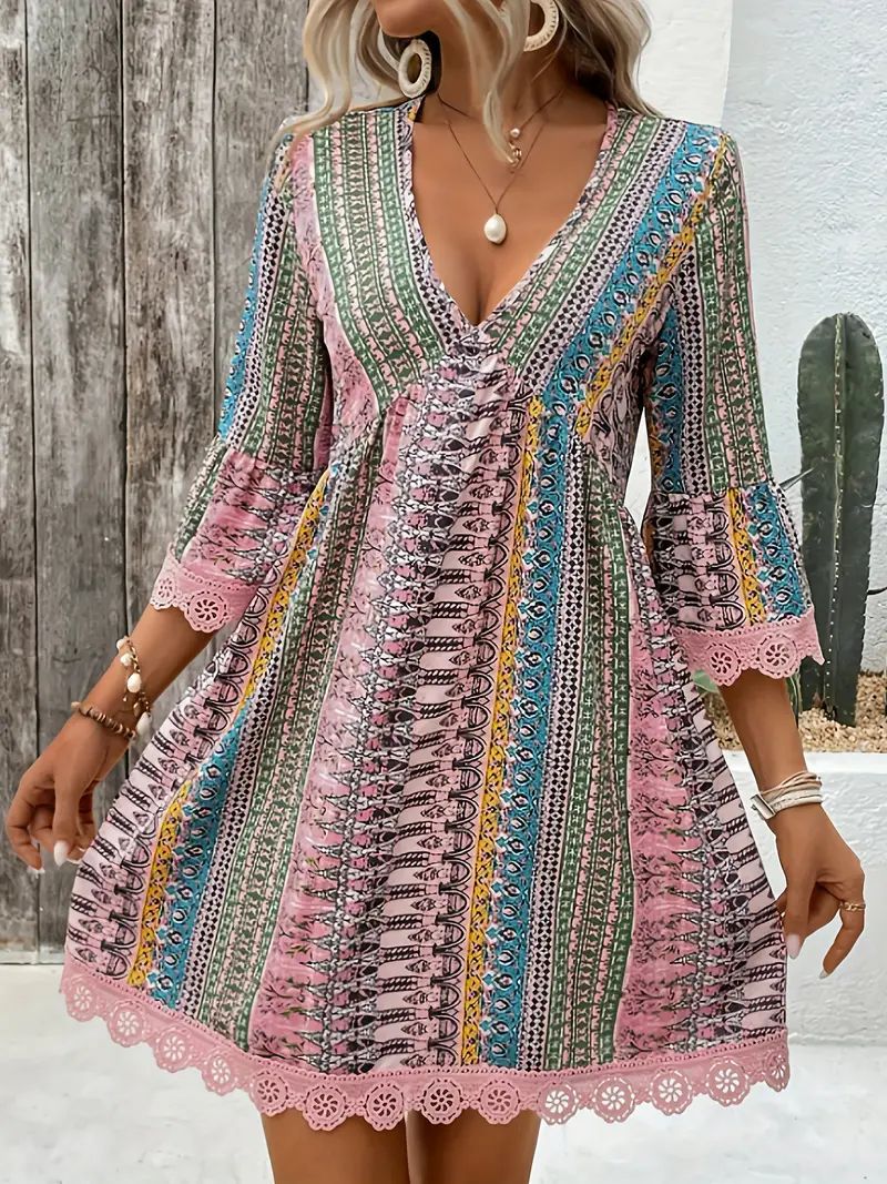 Women's V-Neck Boho Print Mini Dress with Lace Trim and 3/4 Sleeves