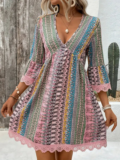 Women's V-Neck Boho Print Mini Dress with Lace Trim and 3/4 Sleeves