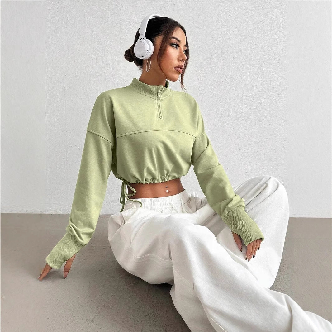 Women’s Cropped Sweatshirt Jumper with Zip Neck and Balloon Sleeves