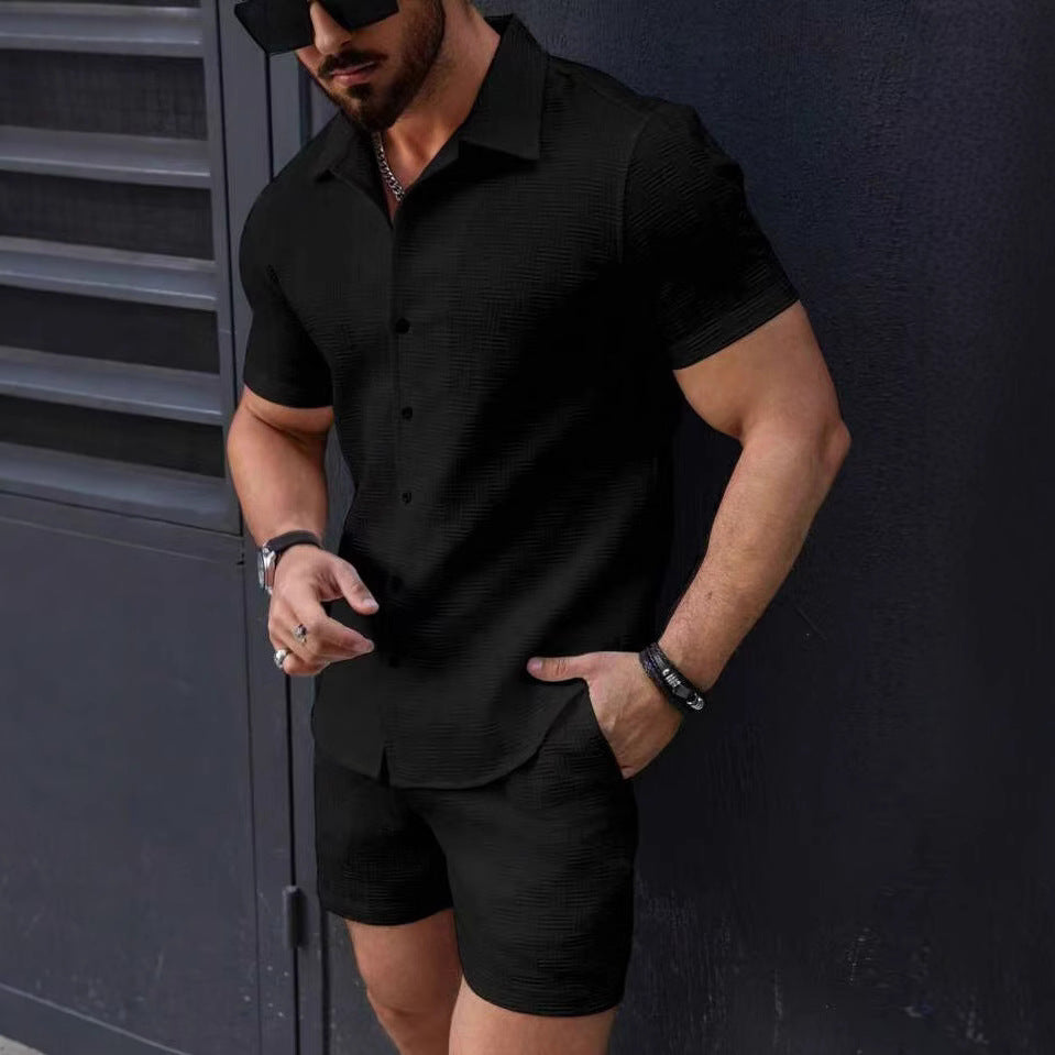 Men's Button-Down Shirt and Shorts Two-Piece Slim-Fit Set