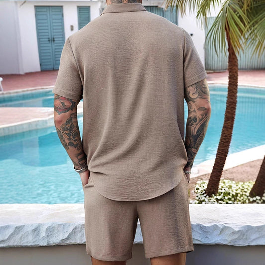 Men's Short-Sleeve Henley Shirt and Shorts Two-Piece Set