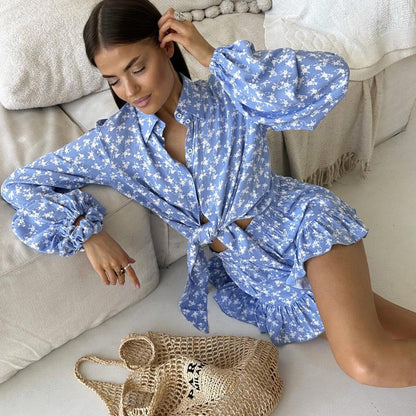 Women's Loose Two-Piece Set with Puff Sleeve Shirt and Ruffle Shorts