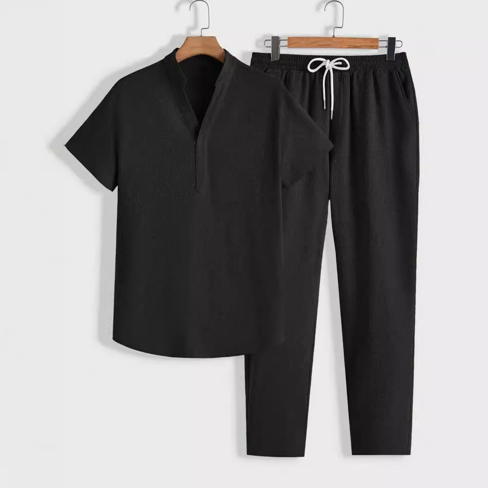 Men's Short-Sleeve Top and Drawstring Trousers Two-Piece Set