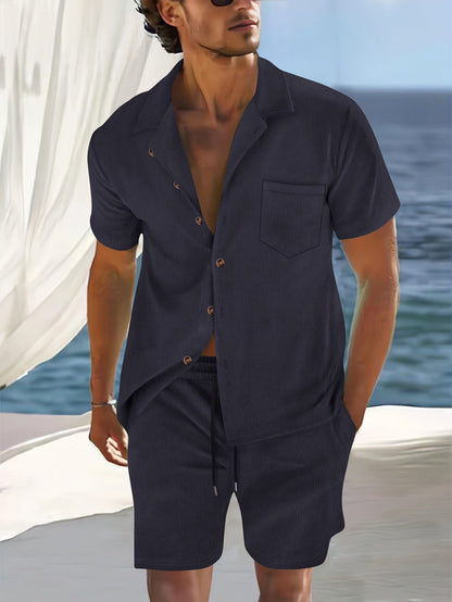 Men's Cuban Collar Short-Sleeve Shirt and Shorts Two-Piece Set