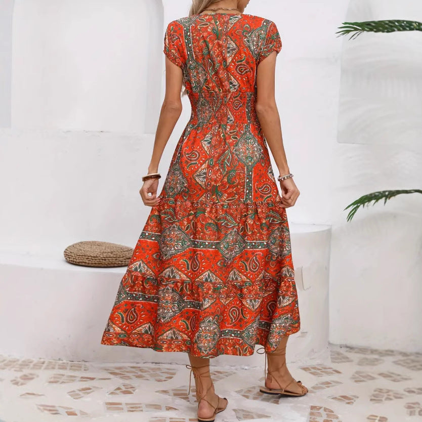 Women's V-Neck Midi Dress with Tiered Skirt and Flowy A-Line Fit