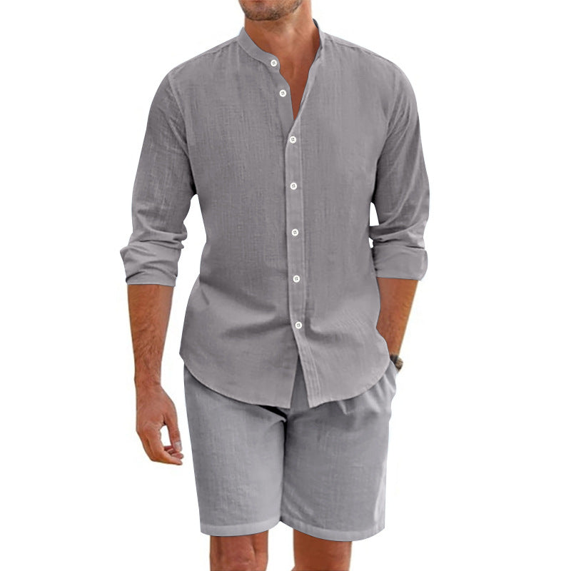 Men's Long Sleeve Button-Up Shirt and Shorts Two-Piece Set