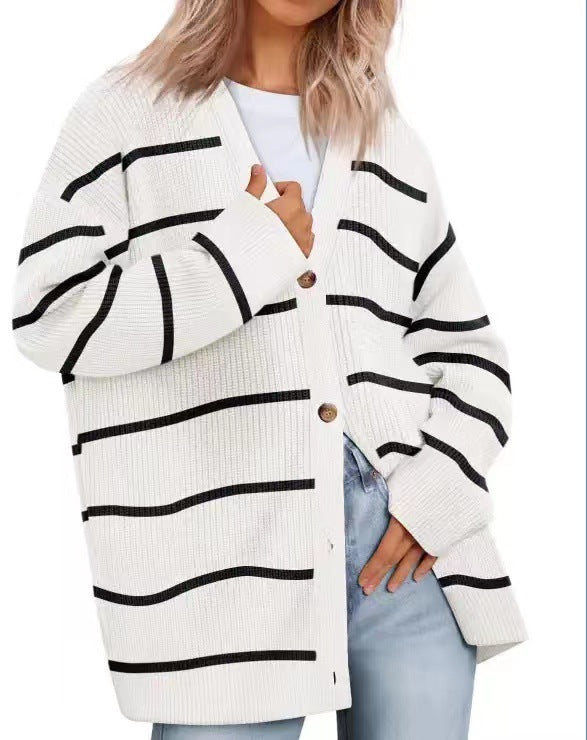 Women's Striped Button-Up Knit Cardigan with Relaxed Fit