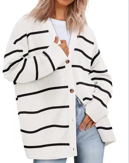 Women's Striped Button-Up Knit Cardigan with Relaxed Fit
