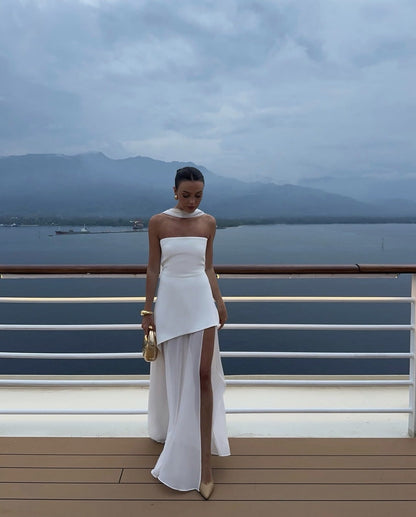 Women's Strapless Maxi Dress with Sheer Layer and Choker Detail