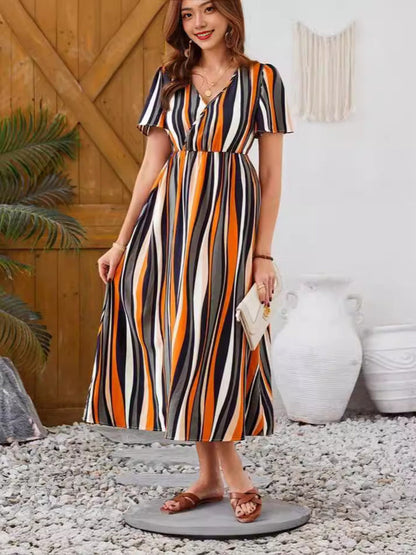Women's Striped Maxi Dress with V-Neck and Short Sleeves