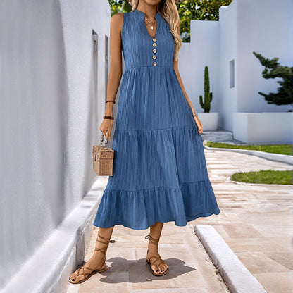 Women's Sleeveless Button-Front Boho Maxi Dress with Tiered Skirt