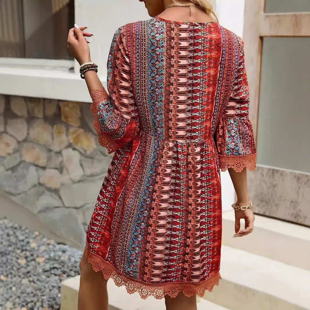 Women's V-Neck Boho Print Mini Dress with Lace Trim and 3/4 Sleeves