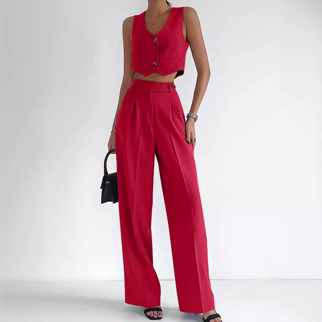 Women's Two Piece Suit Set with Cropped Vest and Wide Leg Pants
