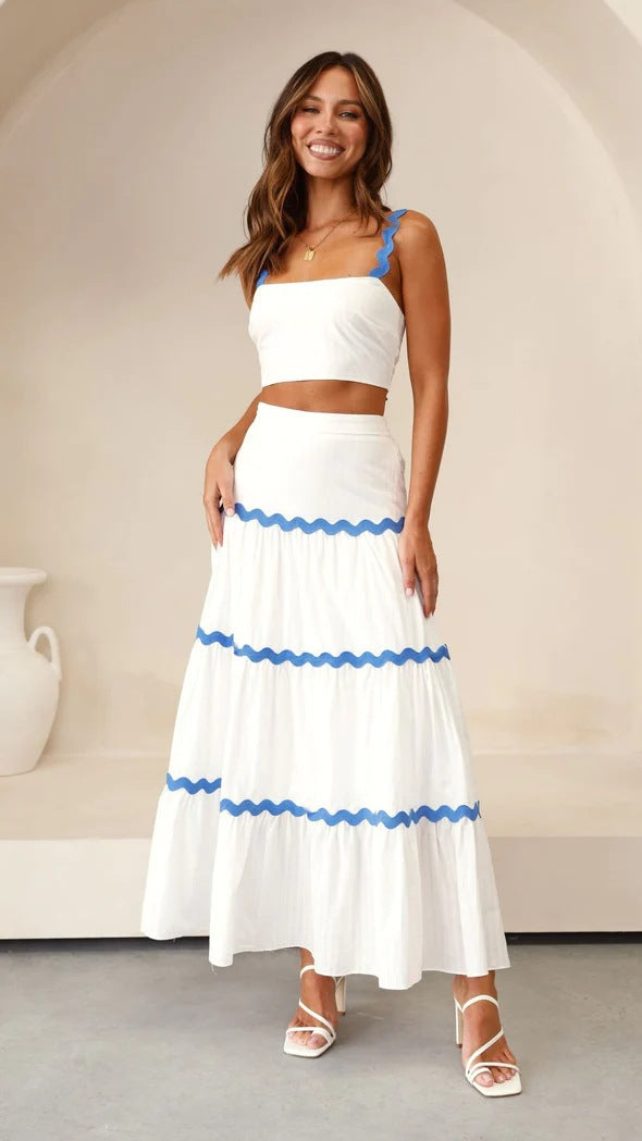 Women's Two-Piece Set with Crop Top and Tiered Maxi Skirt