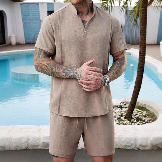 Men's Short-Sleeve Henley Shirt and Shorts Two-Piece Set