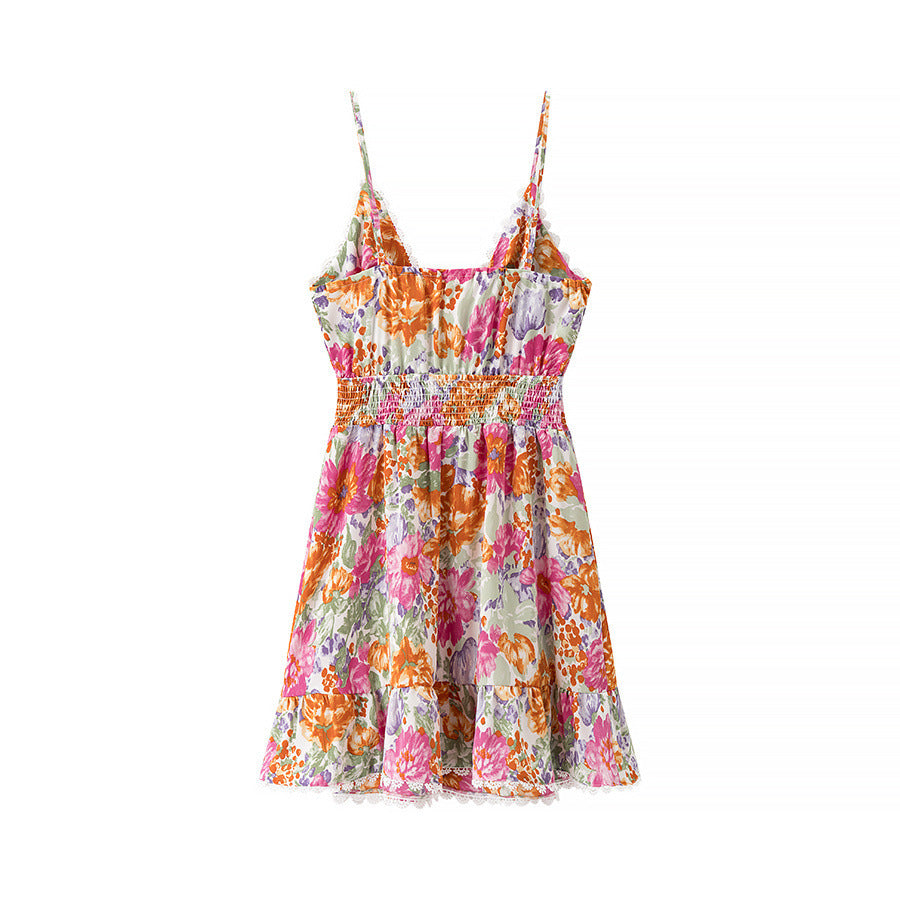 Women's A-Line Mini Dress with Floral Print and Spaghetti Straps