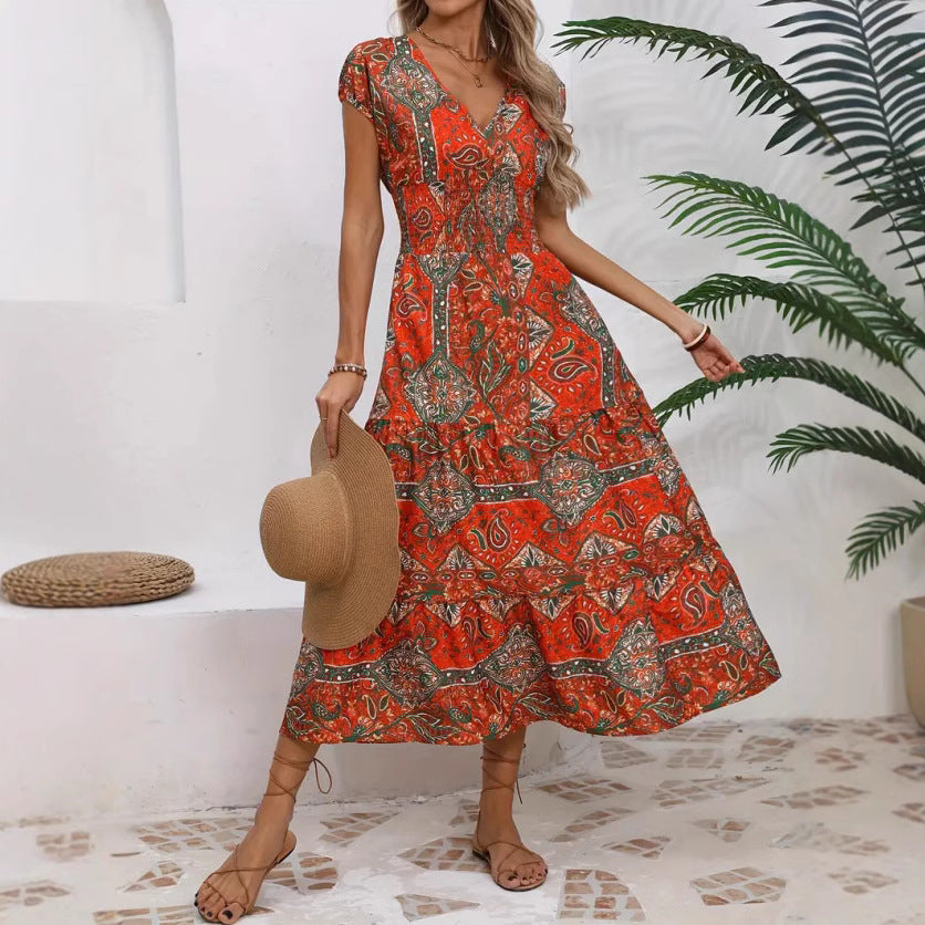 Women's V-Neck Midi Dress with Tiered Skirt and Flowy A-Line Fit