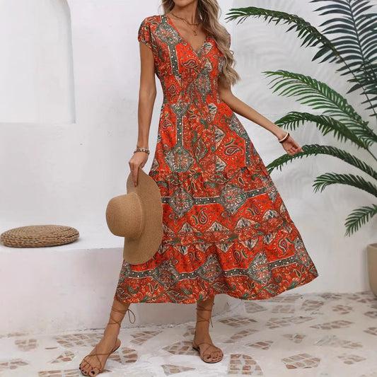 Women's V-Neck Midi Dress with Tiered Skirt and Flowy A-Line Fit