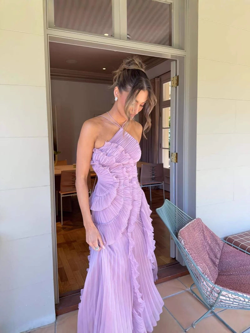 Women's Asymmetric Pleated Ruffle Dress with Halter Neckline