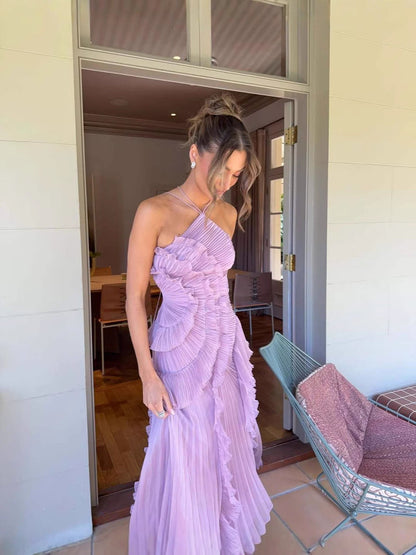 Women's Asymmetric Pleated Ruffle Dress with Halter Neckline