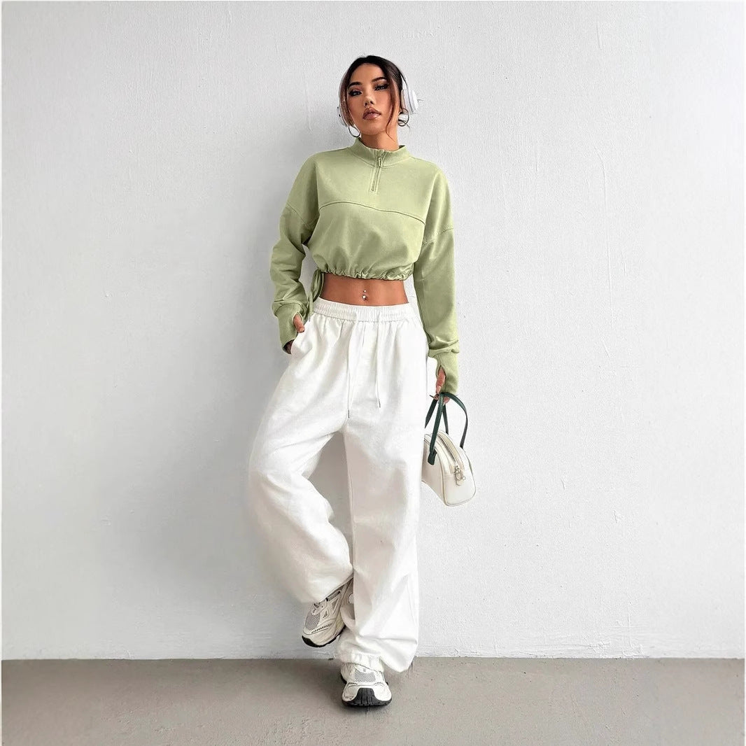 Women’s Cropped Sweatshirt Jumper with Zip Neck and Balloon Sleeves