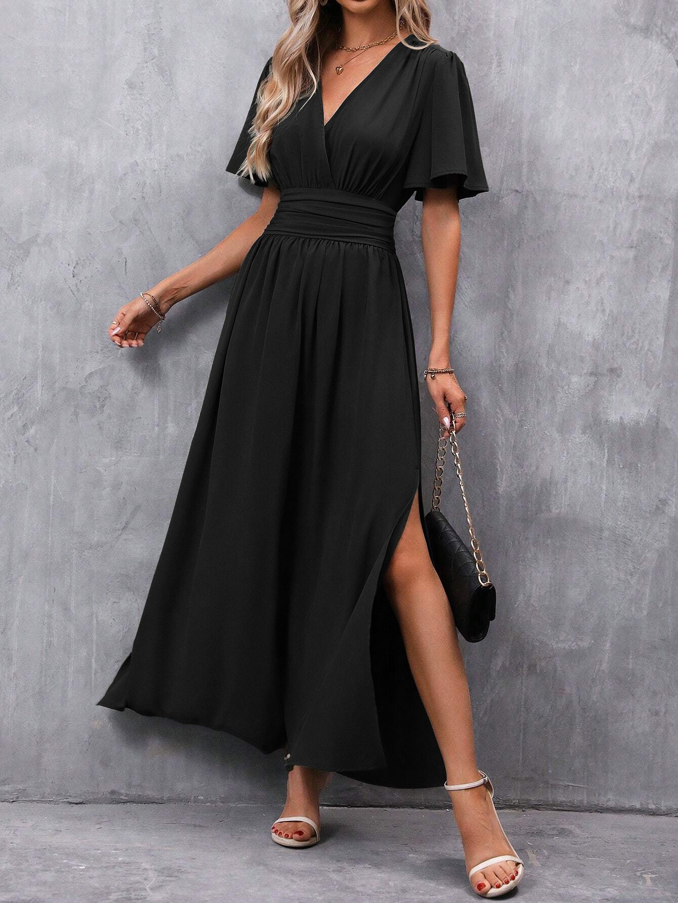 Women's Short-Sleeve Maxi Dress with V-Neck and Side Slit Design