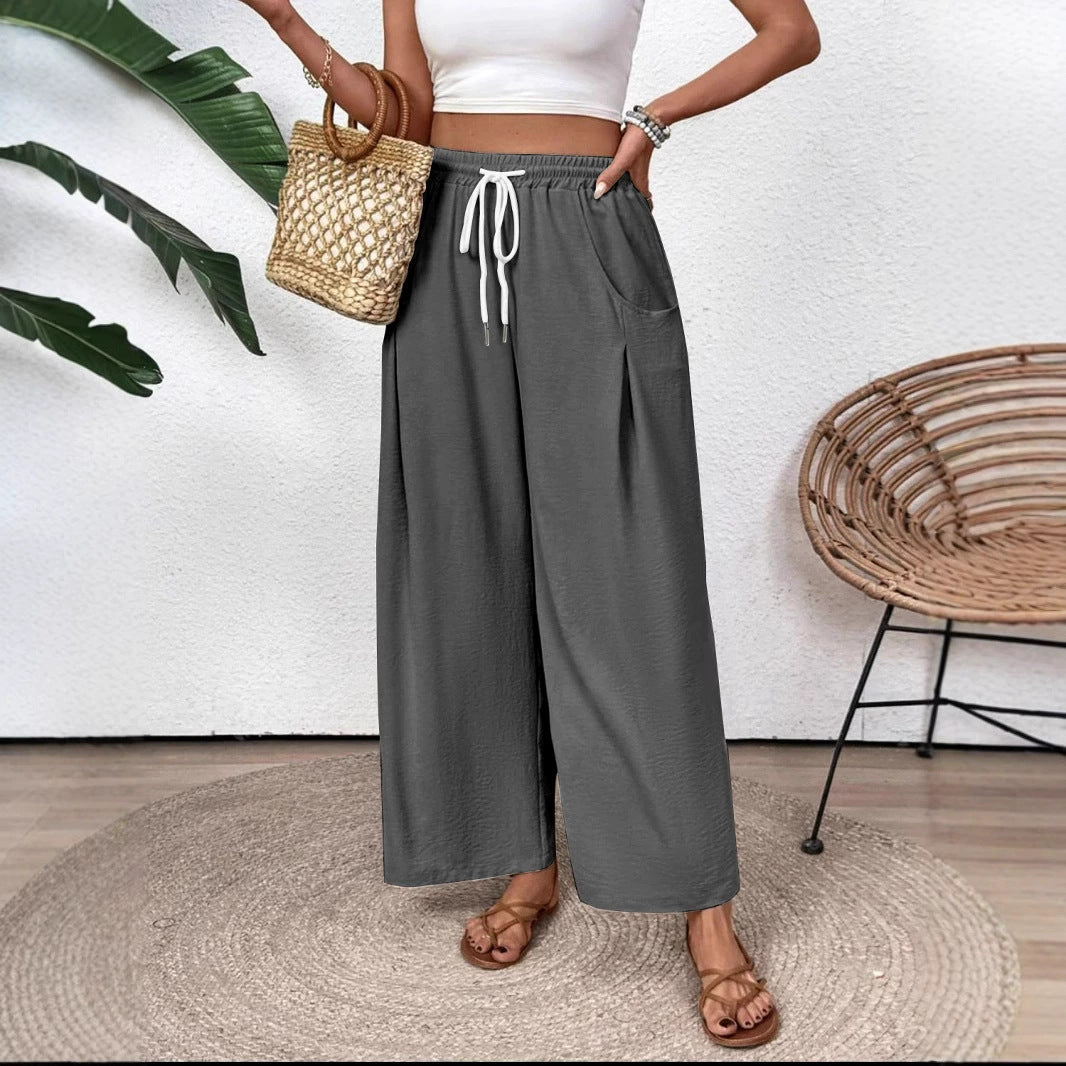 Women's Wide-Leg Pants with Elastic Drawstring Waist and Pockets