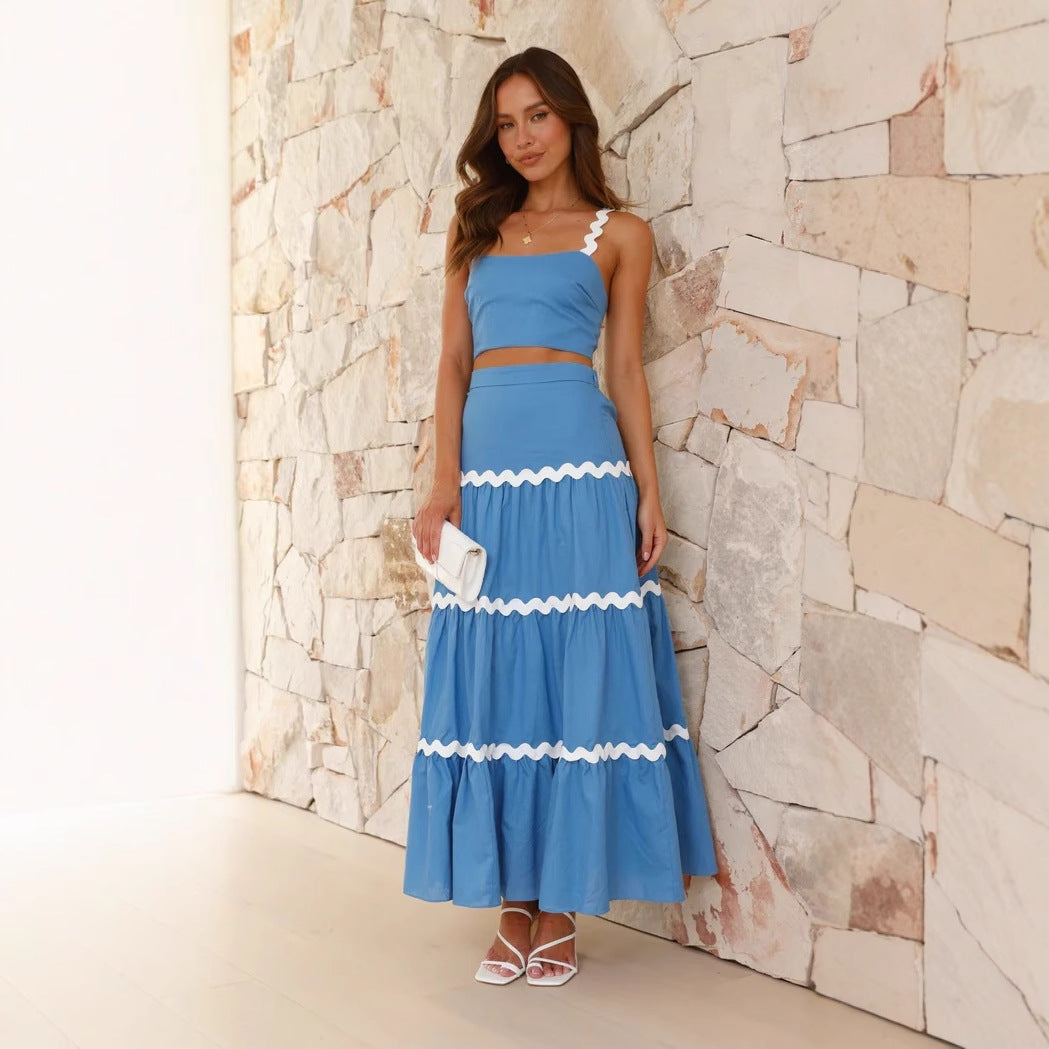 Women's Two-Piece Set with Crop Top and Tiered Maxi Skirt