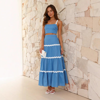 Women's Two-Piece Set with Crop Top and Tiered Maxi Skirt
