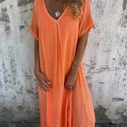 Women's Loose Fit Maxi Dress with V-Neck and Short Sleeves