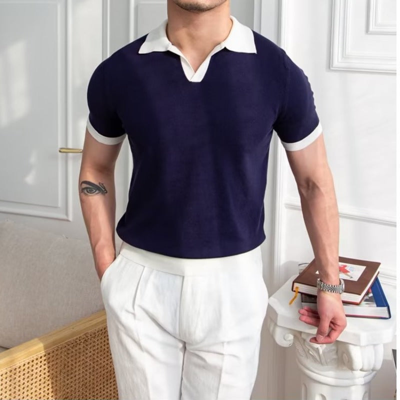 Men's Short Sleeve Polo Shirt with Contrast Collar and Ribbed Hem