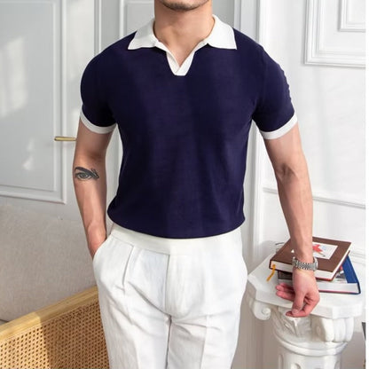 Men's Short Sleeve Polo Shirt with Contrast Collar and Ribbed Hem
