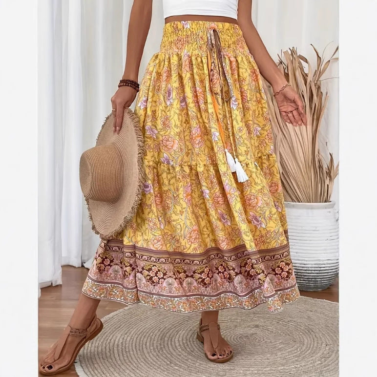 Women's Bohemian Tiered Maxi Skirt with Floral Print and Tassel Tie