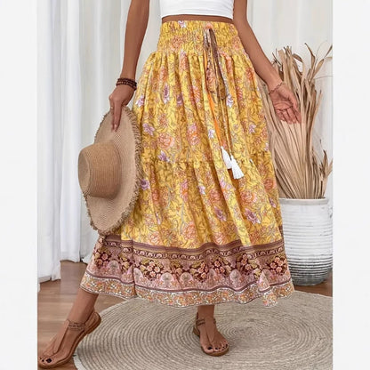 Women's Bohemian Tiered Maxi Skirt with Floral Print and Tassel Tie