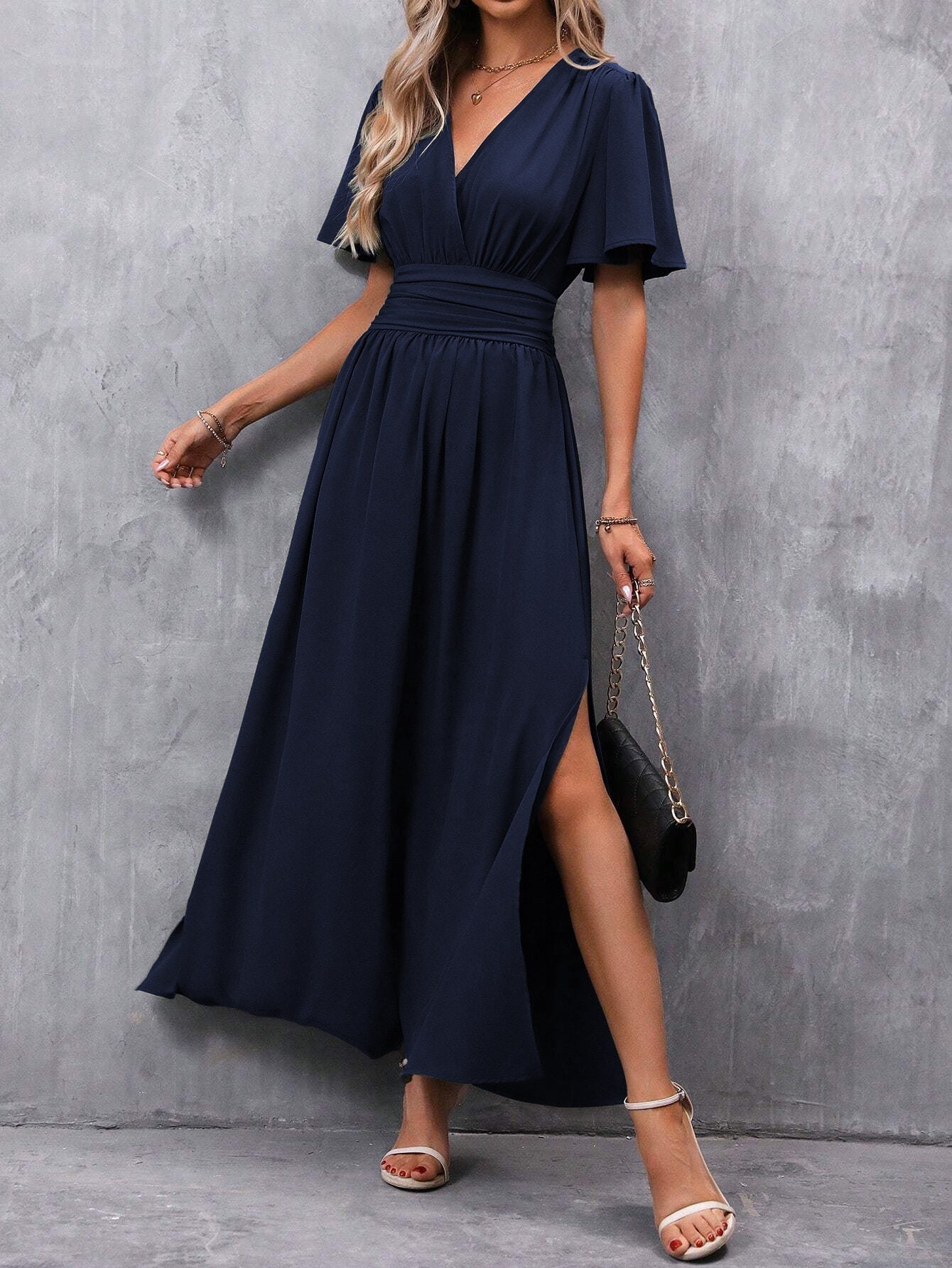 Women's Short-Sleeve Maxi Dress with V-Neck and Side Slit Design