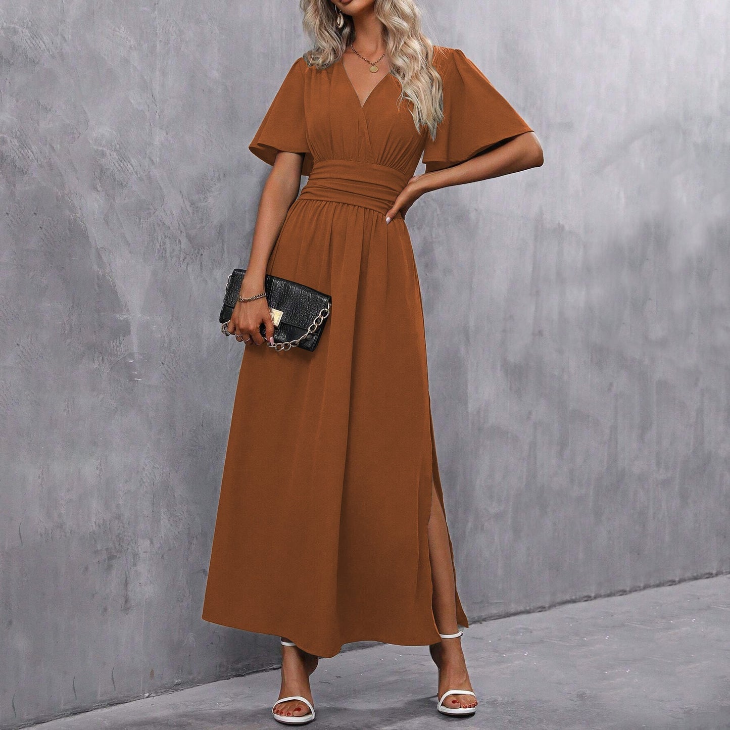 Women's Short-Sleeve Maxi Dress with V-Neck and Side Slit Design