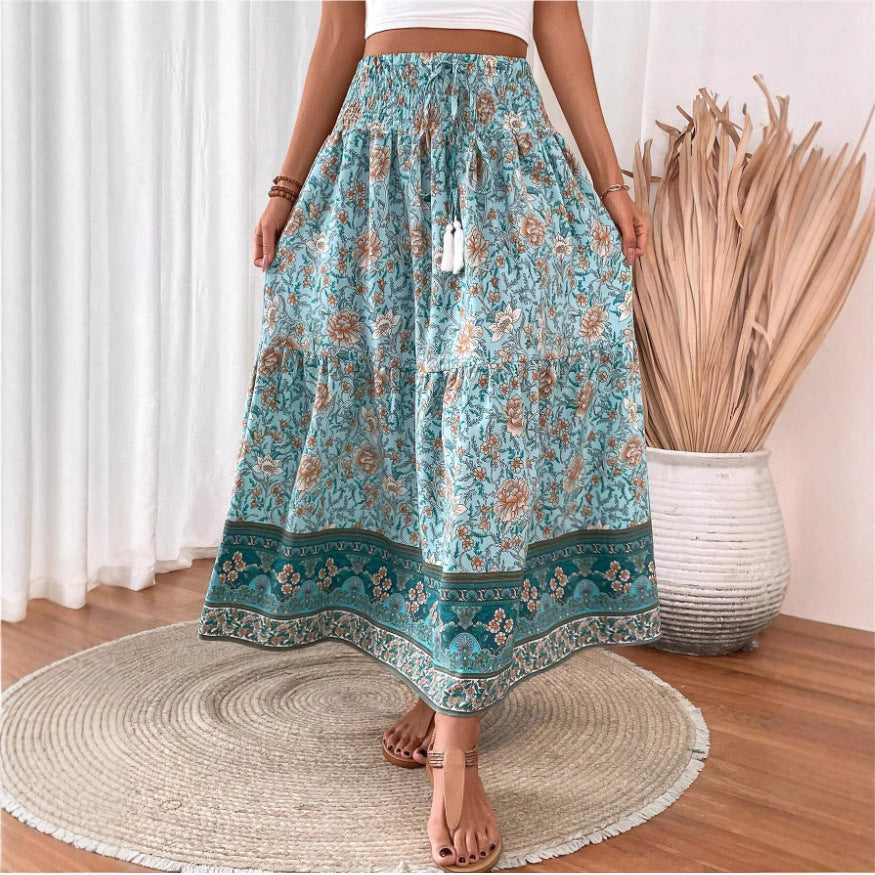 Women's Bohemian Tiered Maxi Skirt with Floral Print and Tassel Tie