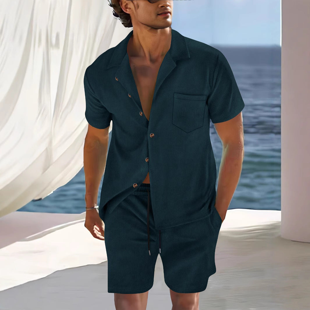 Men's Cuban Collar Short-Sleeve Shirt and Shorts Two-Piece Set