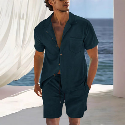 Men's Cuban Collar Short-Sleeve Shirt and Shorts Two-Piece Set