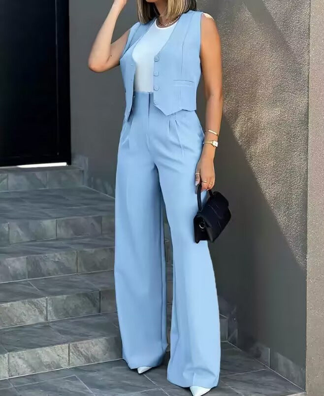Women’s Tailored Two Piece Suit Set with Sleeveless Vest and Wide-Leg Trousers