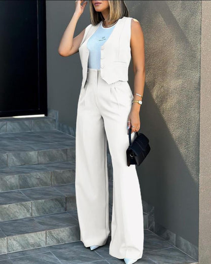 Women’s Tailored Two Piece Suit Set with Sleeveless Vest and Wide-Leg Trousers