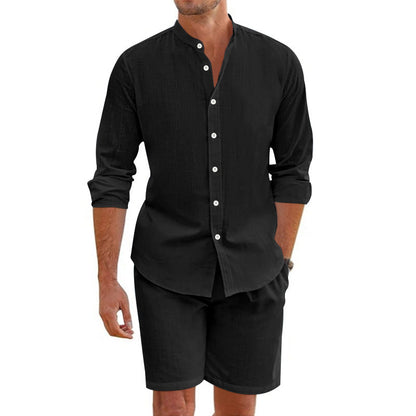 Men's Long Sleeve Button-Up Shirt and Shorts Two-Piece Set