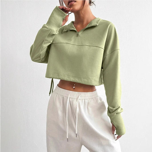 Women’s Cropped Sweatshirt Jumper with Zip Neck and Balloon Sleeves