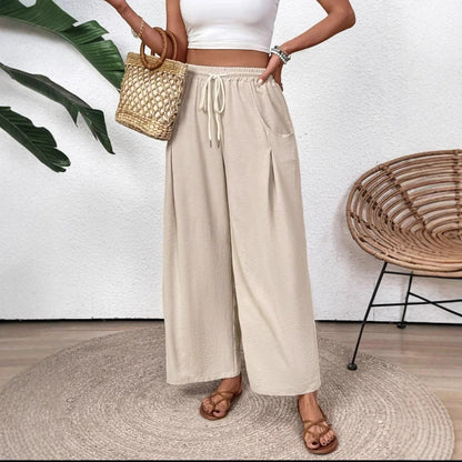 Women's Wide-Leg Pants with Elastic Drawstring Waist and Pockets