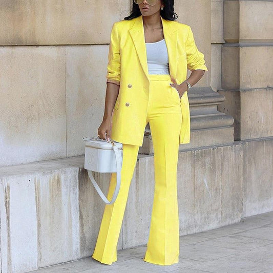 Women’s Two-Piece Suit Set with Double-Breasted Blazer and Flared Pants