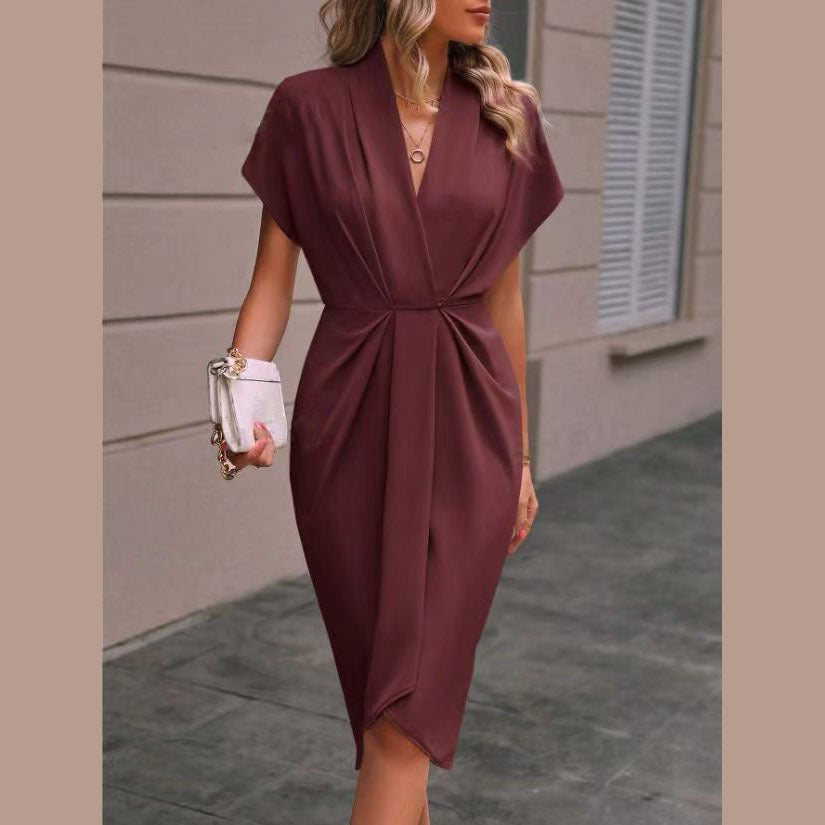 Women's Wrap Midi Dress with V-Neck and Draped Front Detail