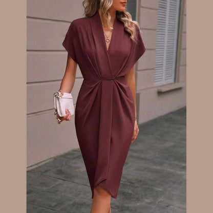 Women's Wrap Midi Dress with V-Neck and Draped Front Detail