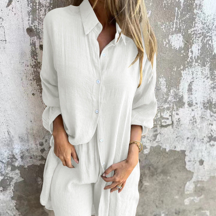 Women's Relaxed Two-Piece Outfit with Button Shirt and Shorts
