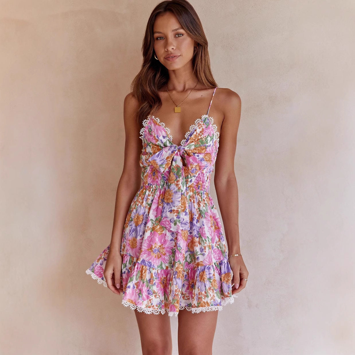 Women's A-Line Mini Dress with Floral Print and Spaghetti Straps